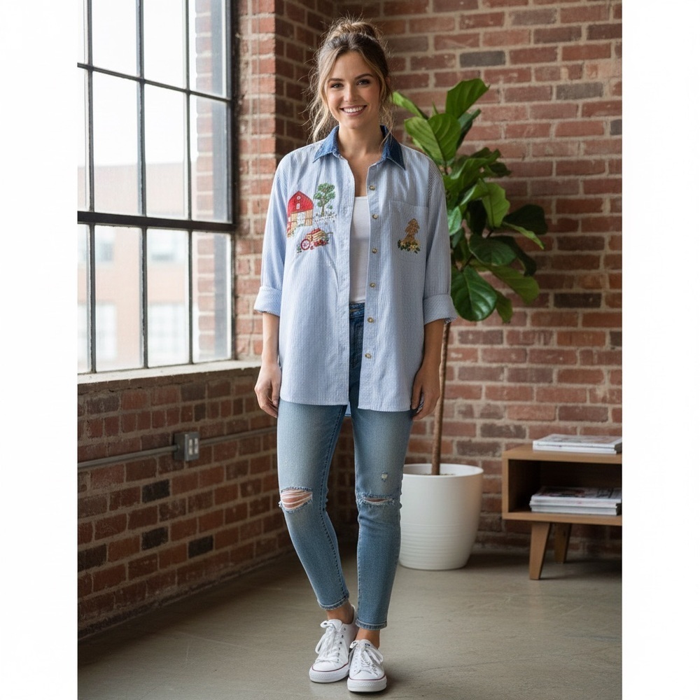 Vintage Light Blue Striped Button-Up Shirt with Farm Embroidery Womens Medium